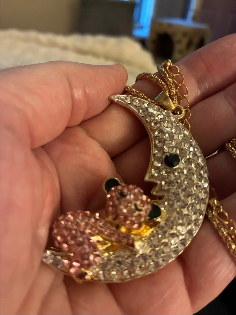 Moon & Pink Crystal Bear Gold-Tone Pendant Necklace